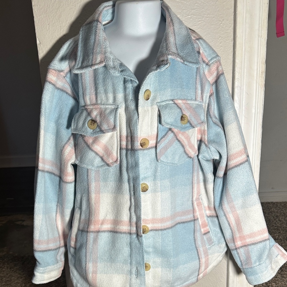 Stylish Kids Plaid Jean Jacket in Soft Blue and Pink